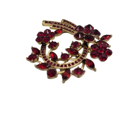 Vtg Red Rhinestone Brooch Floral Spray Wreath Mid-Century Festive Holiday Stmt - Picture 3 of 7
